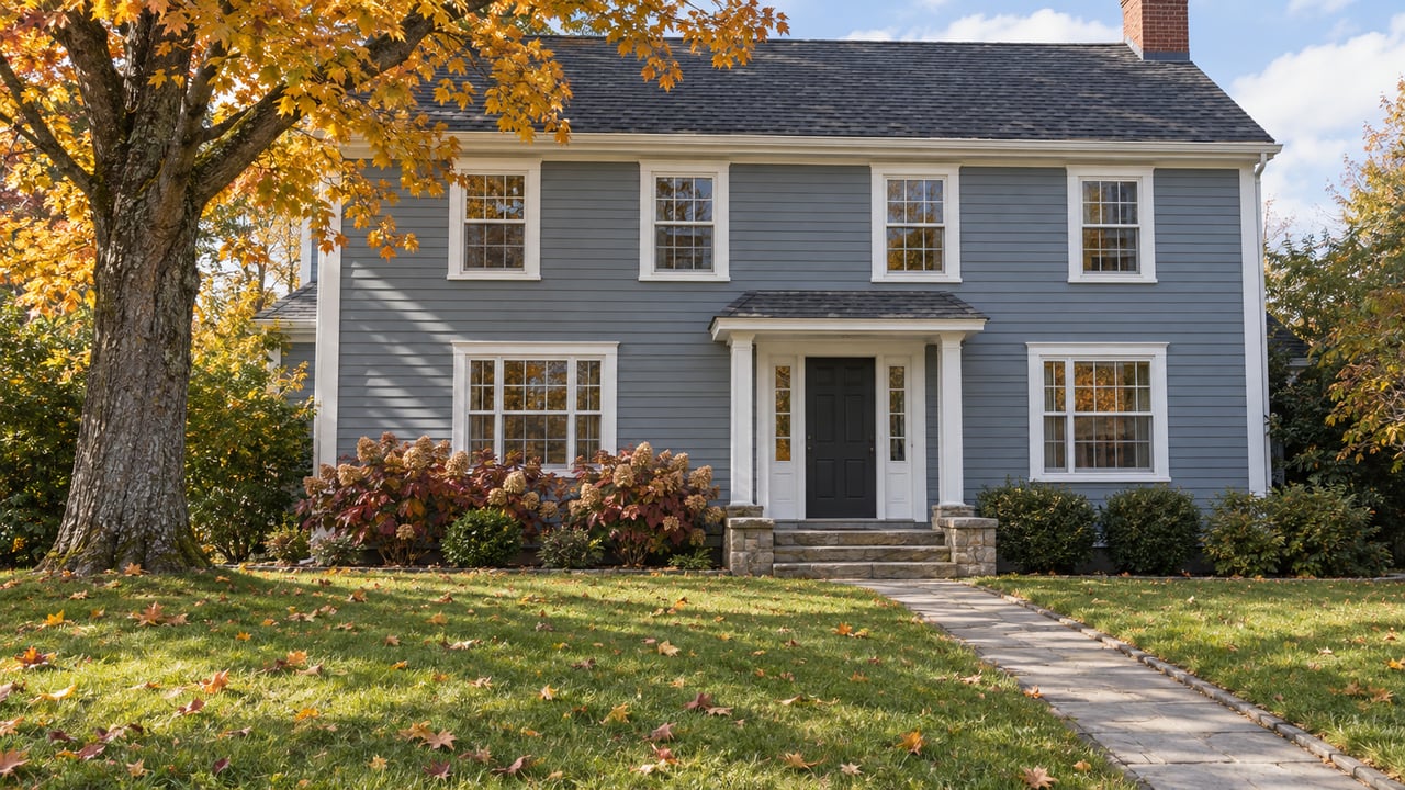 Blue-gray clapboard house with white multi-pane windows, a sandstone entry walk, broad autumn lawn and an amber-leaved sugar maple.