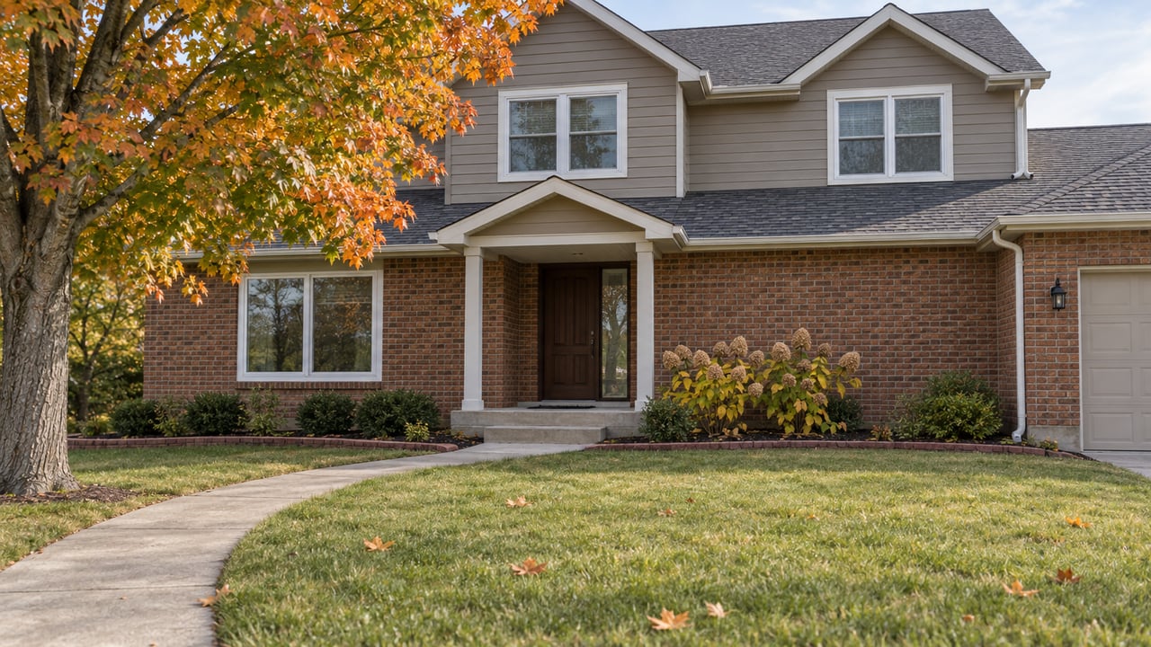 Autumn sunlight across a generous lawn and an established two-story brick-and-siding home with a recessed front porch.