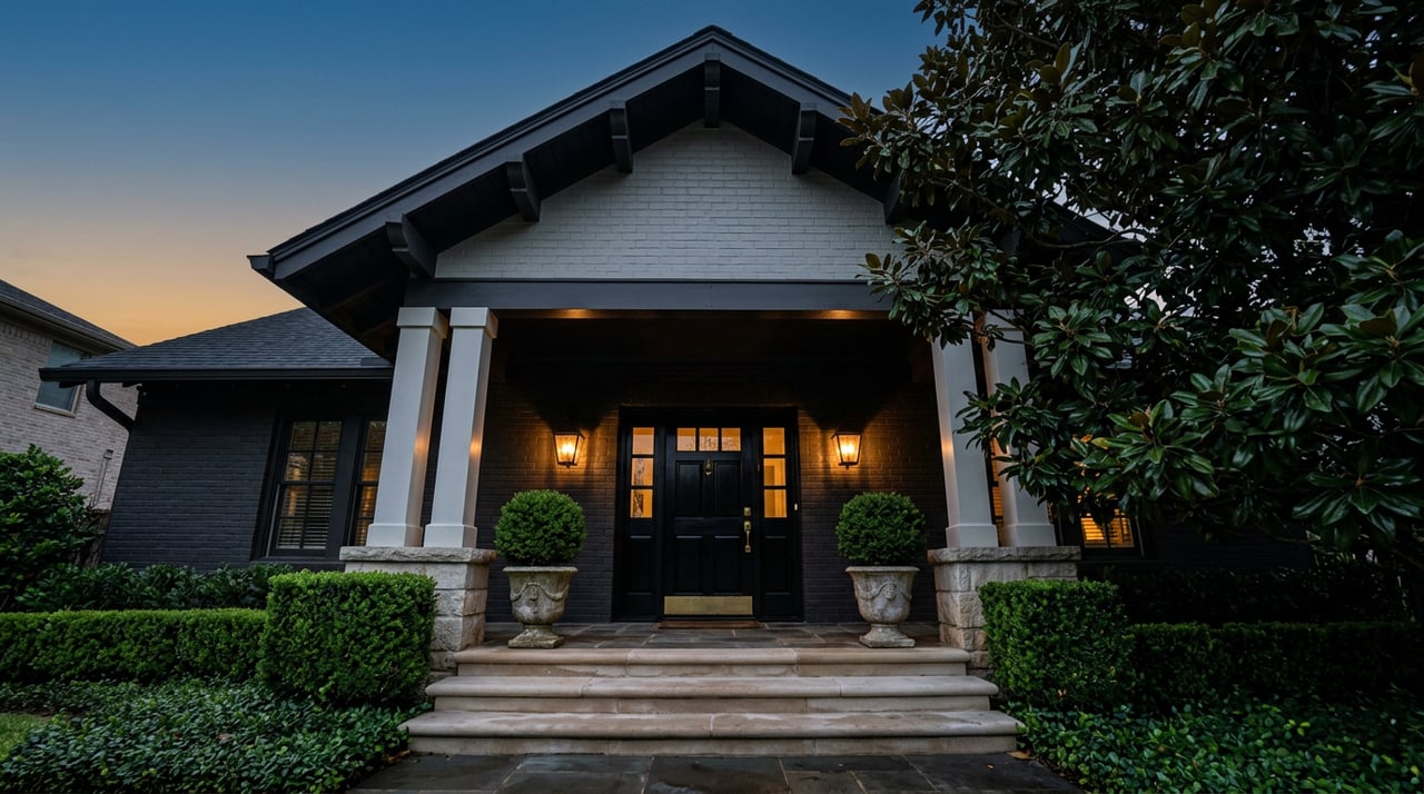 Black iron lanterns flank a glossy black front door, illuminating limestone steps beneath a magnolia canopy.