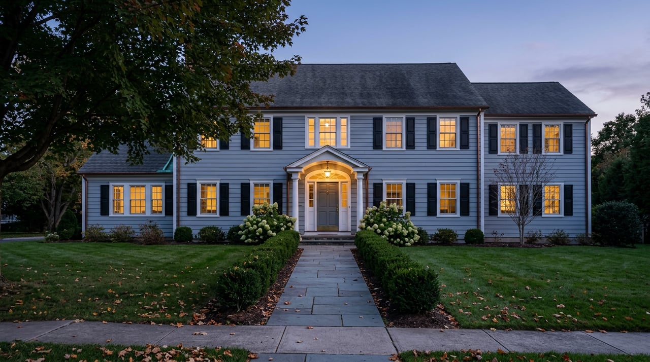 Slate-blue colonial home with glowing multi-pane windows, a white entry portico, and a tree-lined lawn at dusk.