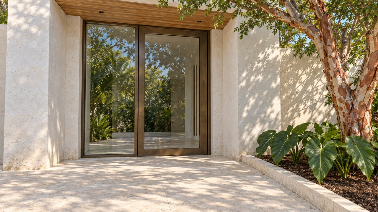Sunlit pale limestone approach leading to a bronze-framed glass entrance beneath a teak soffit, with white stucco and a copper-barked specimen tree.