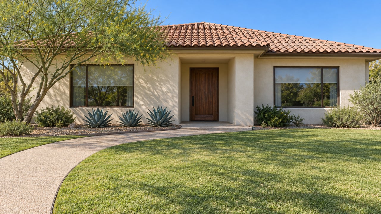 An ivory stucco home with a terracotta tile roof, deep green front lawn, curved concrete approach, and sculptural desert planting in bright morning light.