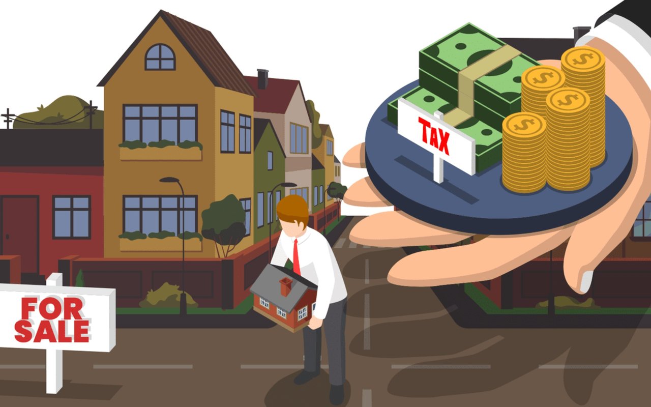 Home sale illustration with a person carrying a house beside cash, tax coins, and a FOR SALE sign.