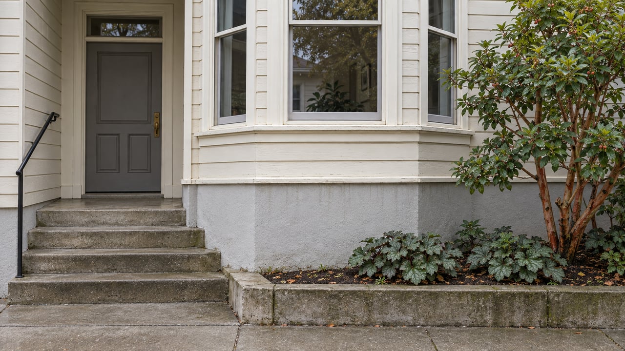 Cream wood-sided house with tall bay windows, worn concrete entry steps, and a small planted bed edged by a low concrete curb.