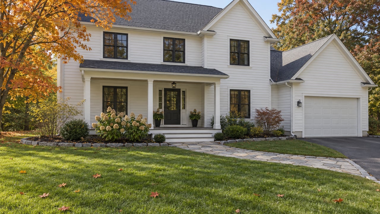 White clapboard home with a covered porch, broad front lawn, granite walk and mature autumn trees.