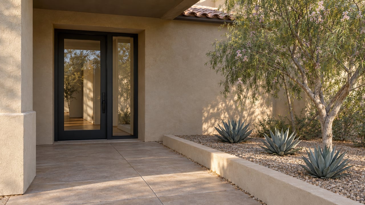Recessed glazed entry in a tan stucco house, with sand-colored pavers and agaves beneath a desert willow.