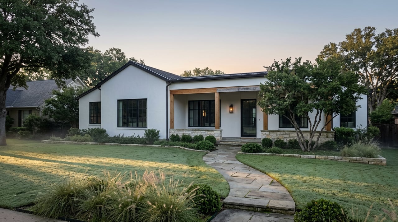 White plaster home with black steel windows, a curving flagstone path, and mature trees framing the lawn.