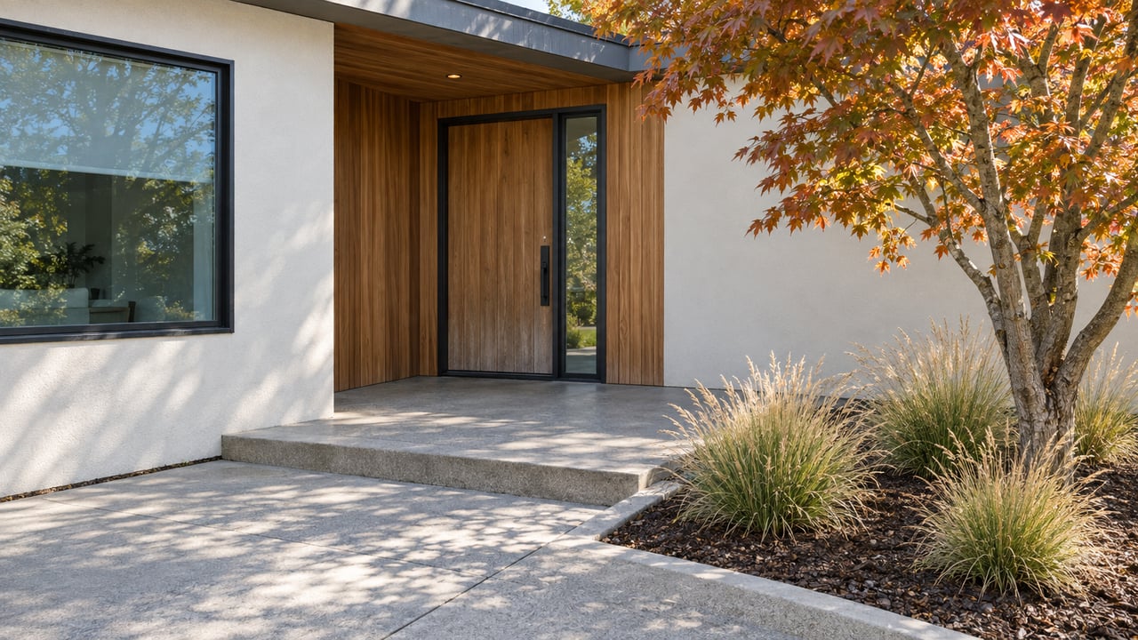 Autumn maple beside a recessed cedar front door, white stucco facade, black-framed window, and concrete entry path.