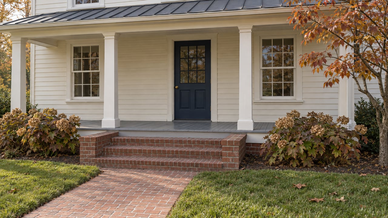 Cream clapboard home with a navy front door, painted timber porch, brick steps and russet autumn planting.