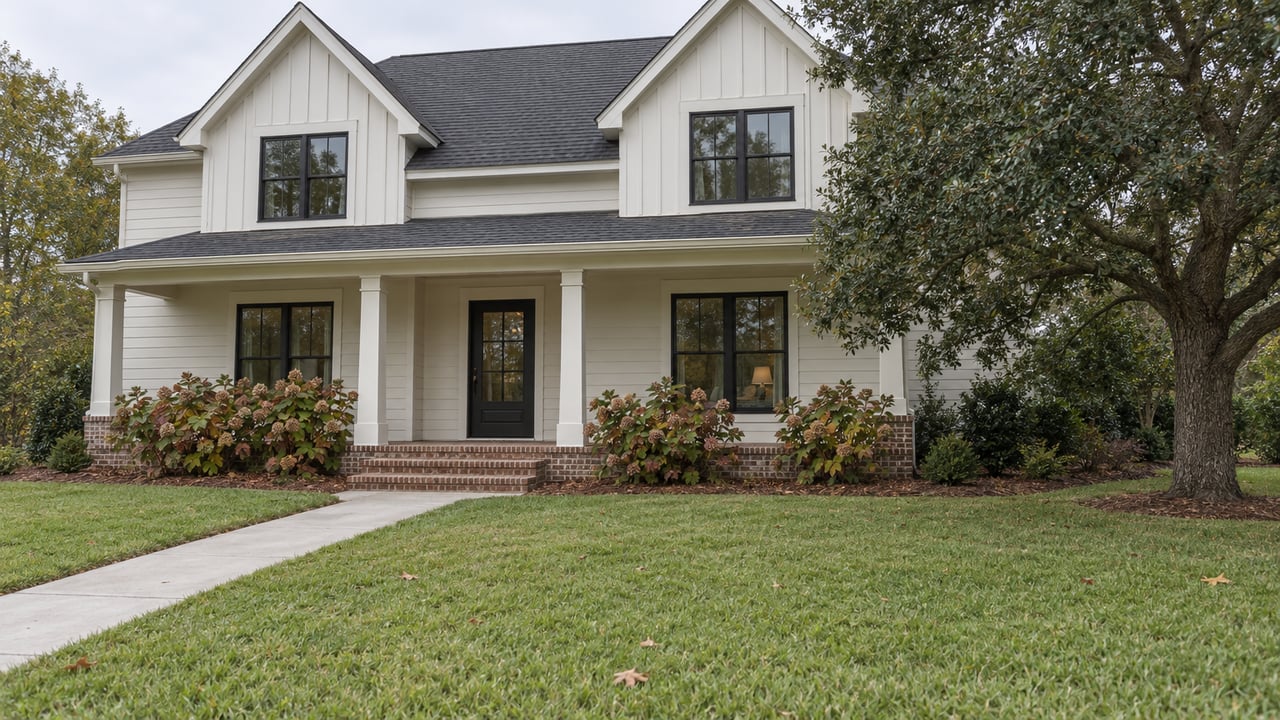 Ivory gabled home with a brick front porch, deep lawn, oak tree and hydrangeas in soft autumn daylight.