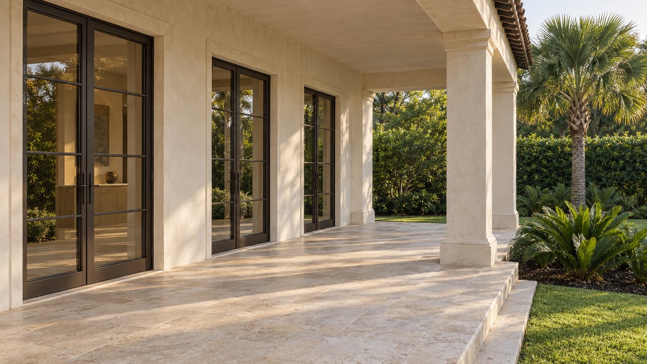 Cream-stucco loggia with bronze-framed glass doors, limestone terrace, and fan palm beside a deep lawn.