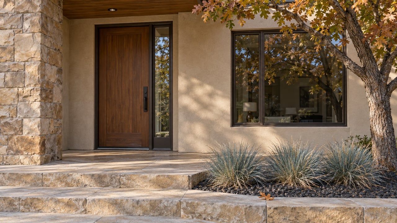 Warm morning light on a sandstone and stucco home entrance, with a fir door and copper-leaved oak beside the approach.