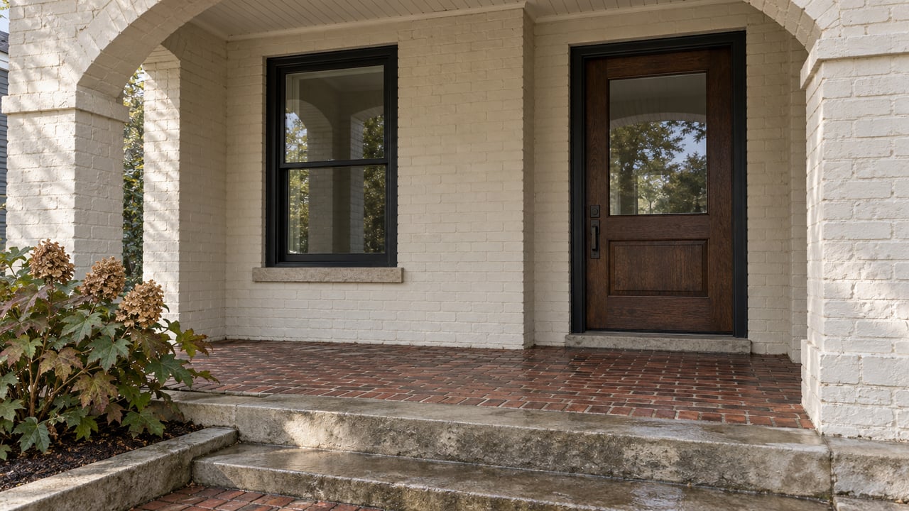 Painted-brick arched porch with a dark oak front door, black-framed window and worn brick steps beside oakleaf hydrangea.