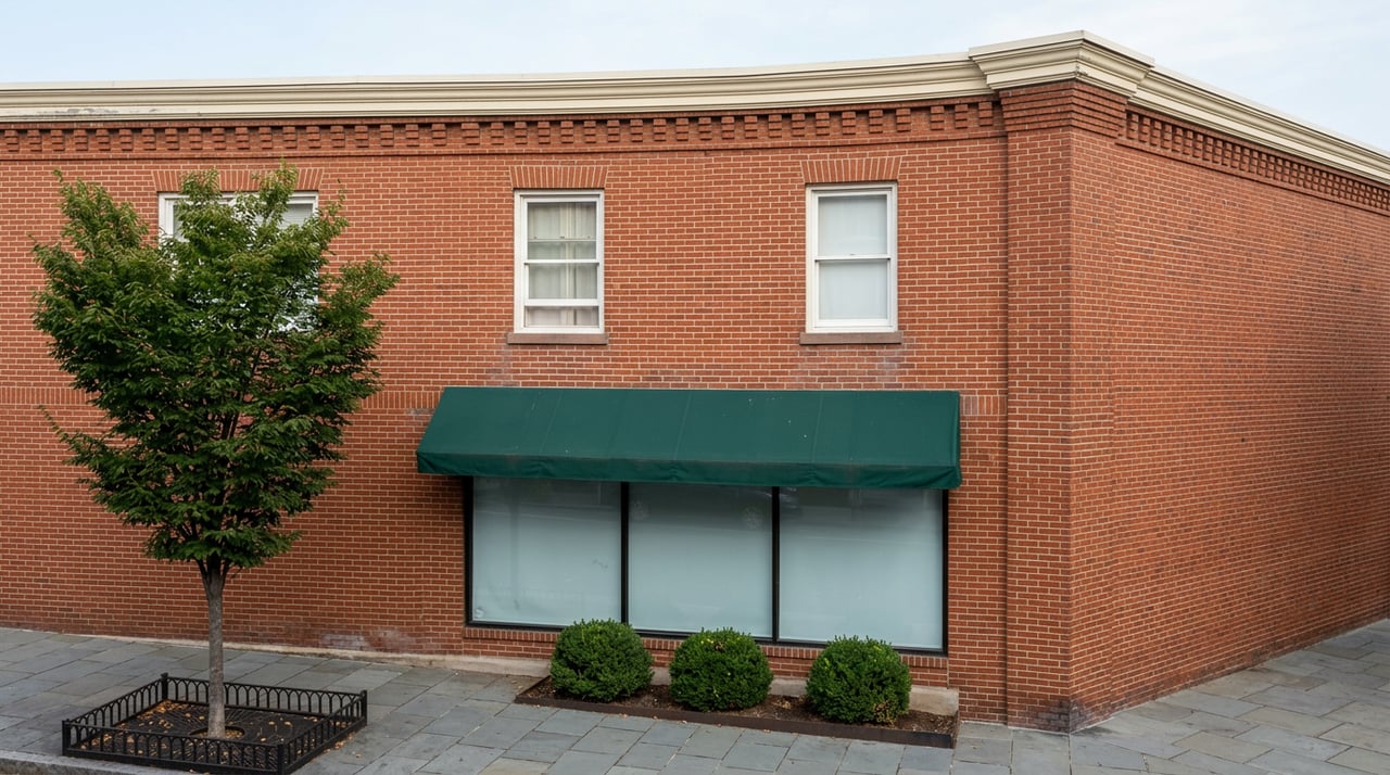Brick corner building with a green storefront awning, upper windows, and a sidewalk tree grate with boxwood shrubs.
