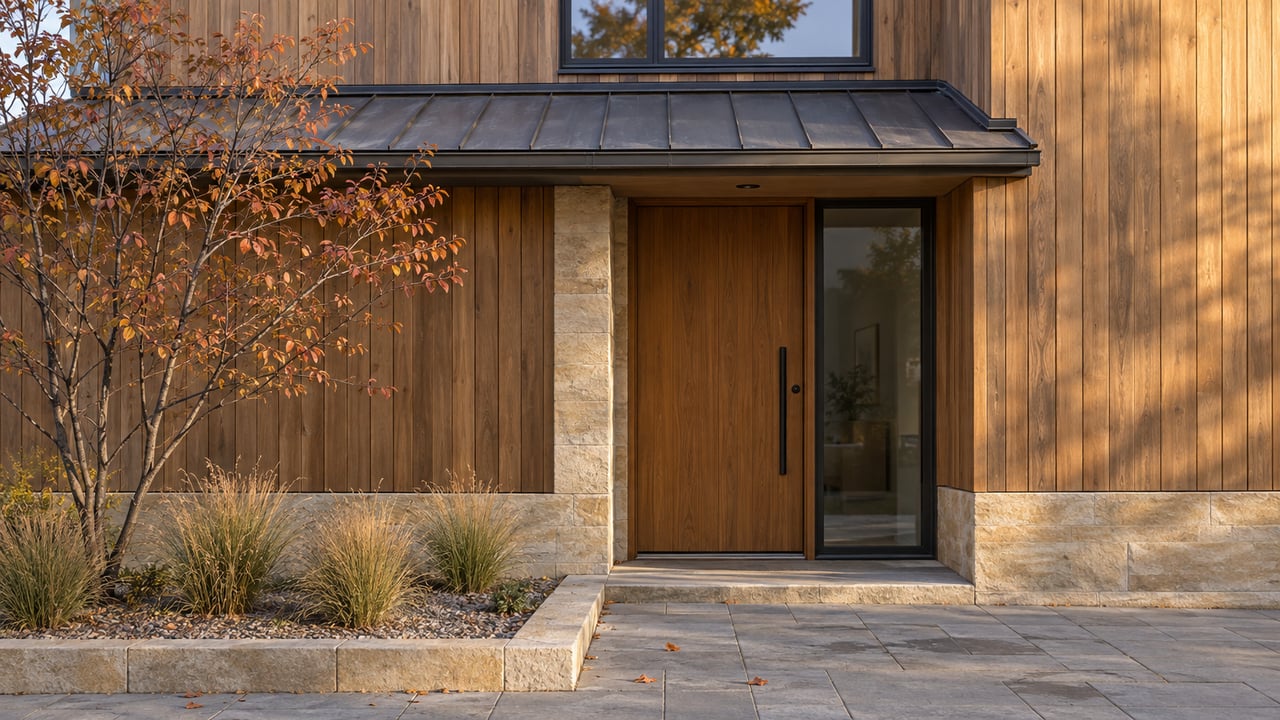 Compact cedar-clad home entrance with a recessed timber door, sandstone surround, and copper-leaved tree.
