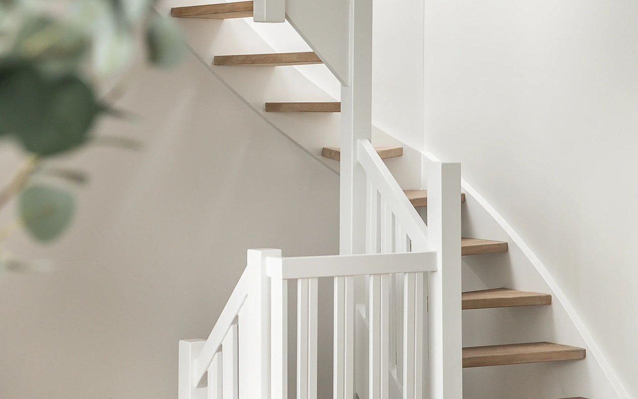 White-railed staircase with light wood treads and a leafy plant in the foreground.