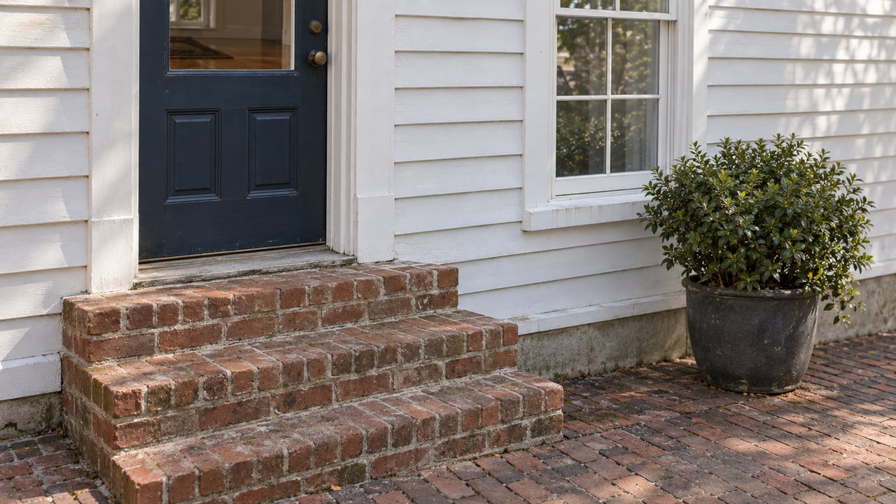 White clapboard house with a navy door, tall window, potted holly, and brick stoop above a narrow sidewalk.