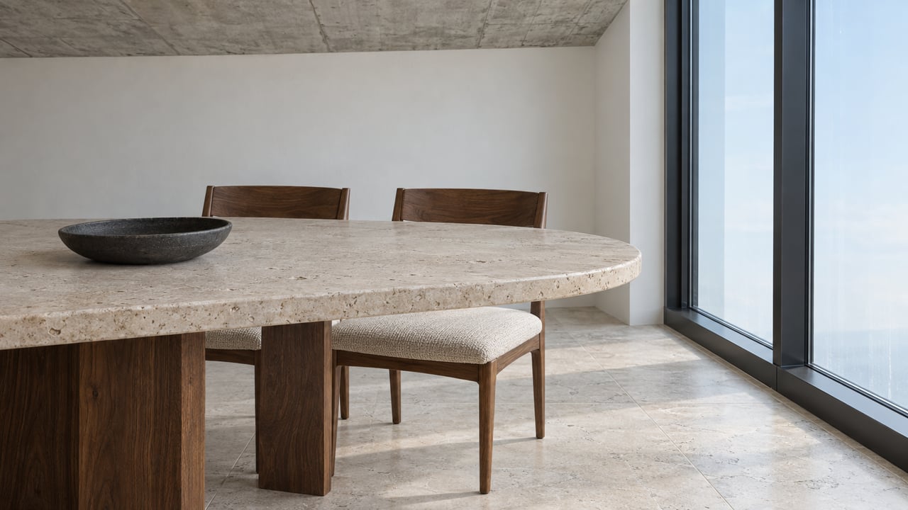 Daylit apartment dining corner with a pale limestone table, two walnut chairs, exposed concrete ceiling and dark-framed glazing.