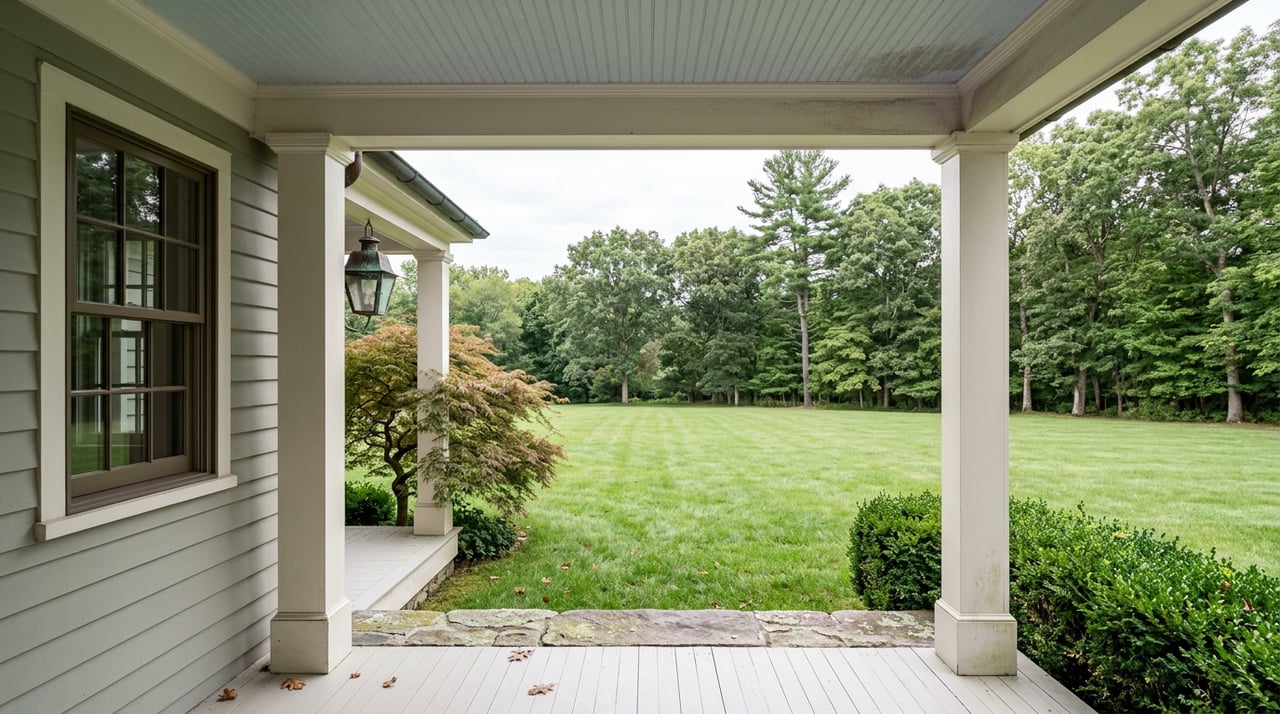 View from a farmhouse porch across a deep lawn to mature trees, framed by white columns and a Japanese maple.