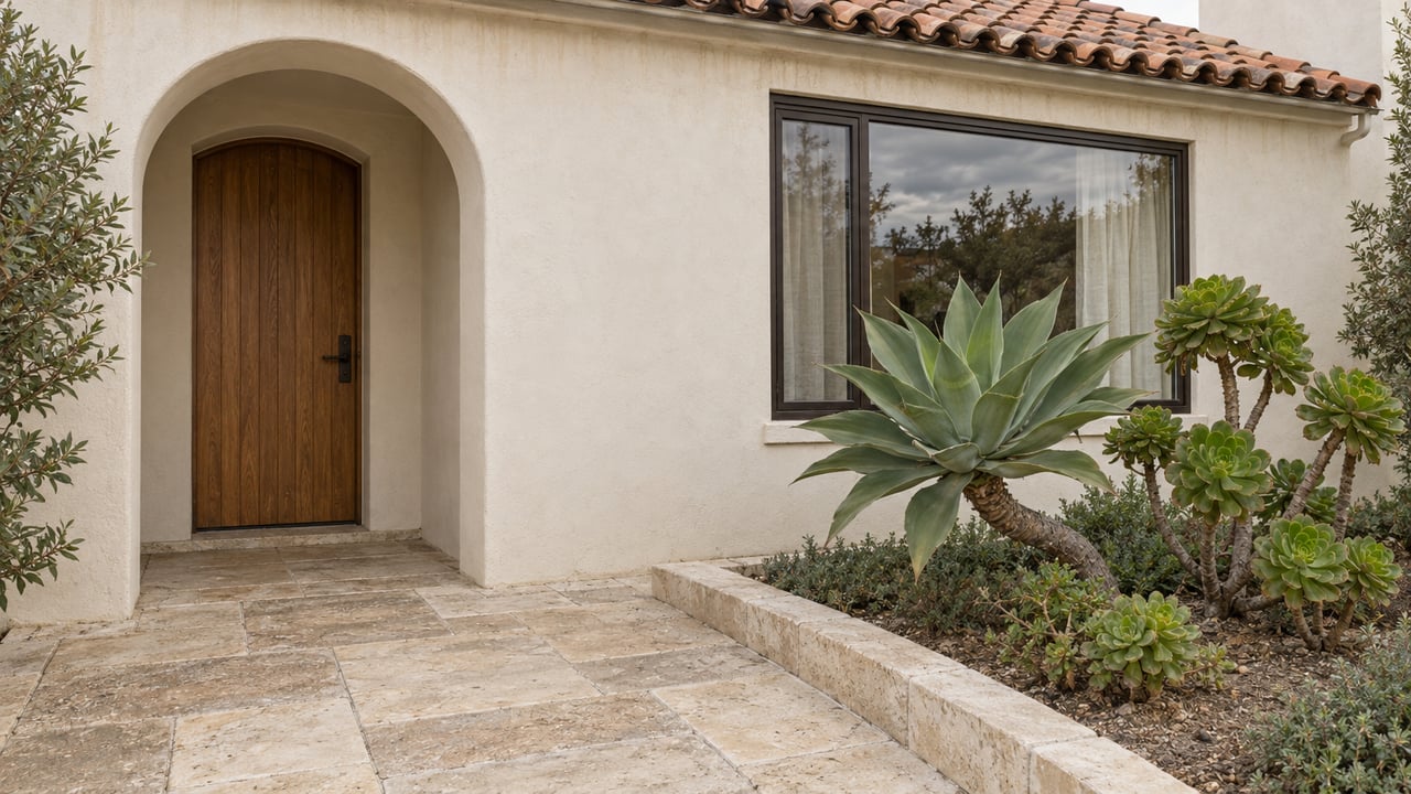 Cream stucco home with a recessed arched oak entry, clay tile roof, limestone approach and sculptural succulent planting.