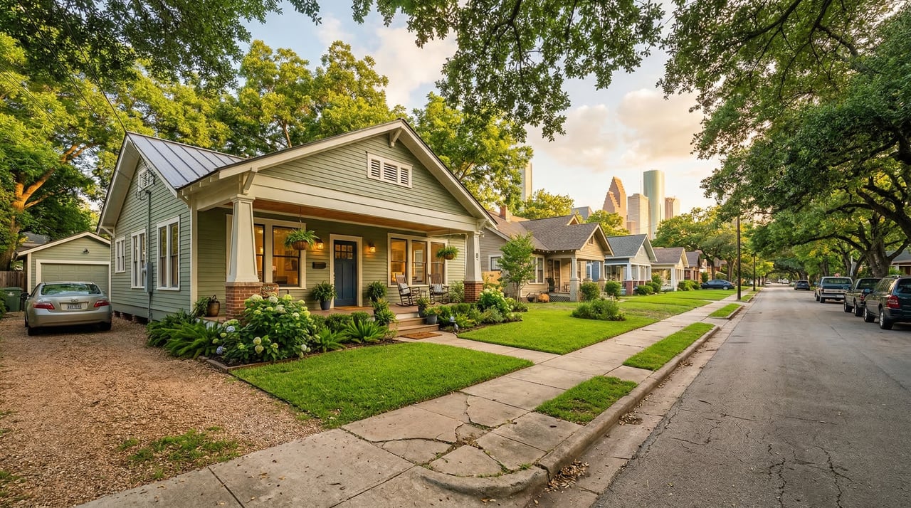 Renovated craftsman bungalow on a tree-lined street in East End Houston with downtown skyline in the background`  — 110 characters. Descriptive, keyword-natural (East End Houston), no editorializing.