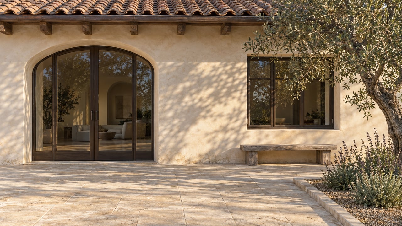 Sunlit limestone terrace beside an ivory plaster home with clay roof tiles, an arched glazed doorway and a mature olive tree.