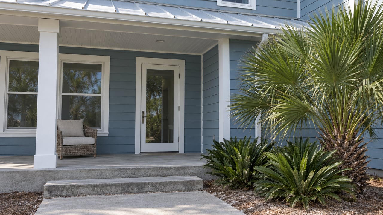Blue-sided beach house porch with white trim, shallow concrete steps, a woven chair, and native fan-leaf planting.