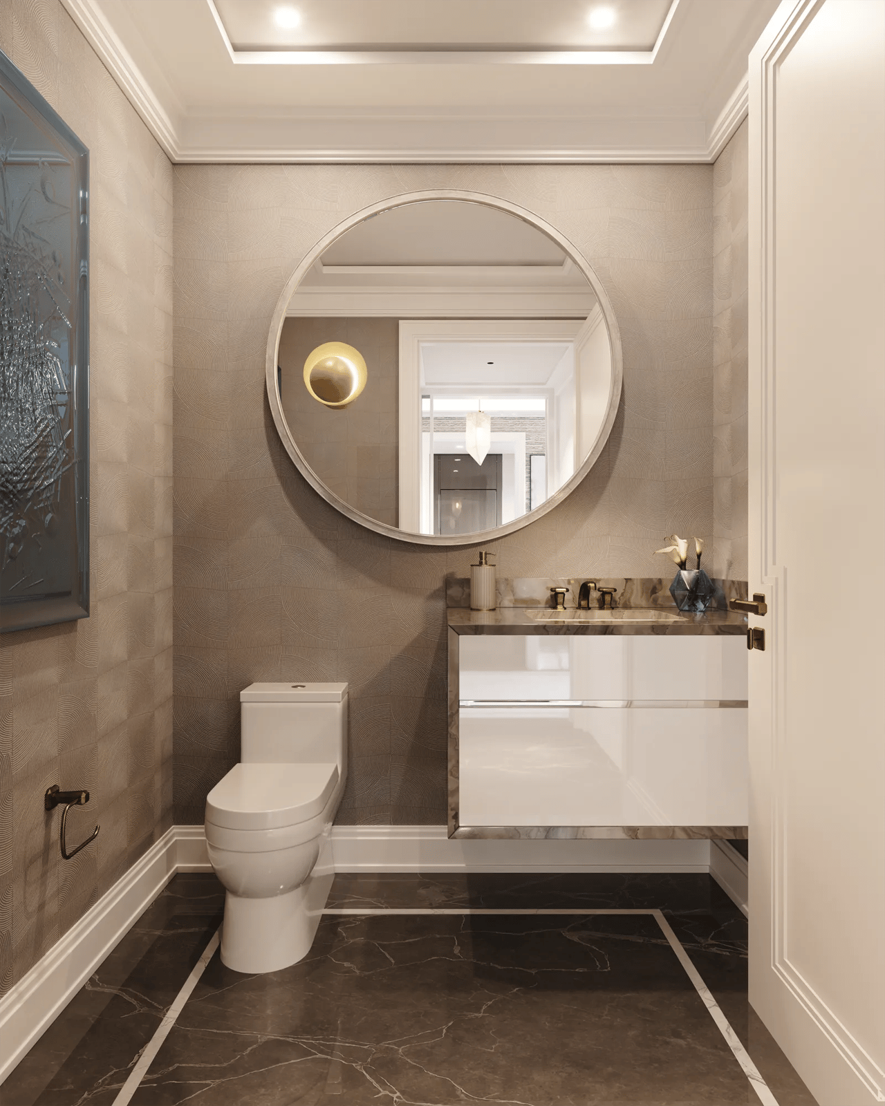 Powder room with a floating marble vanity, round mirror, and dark marble floor