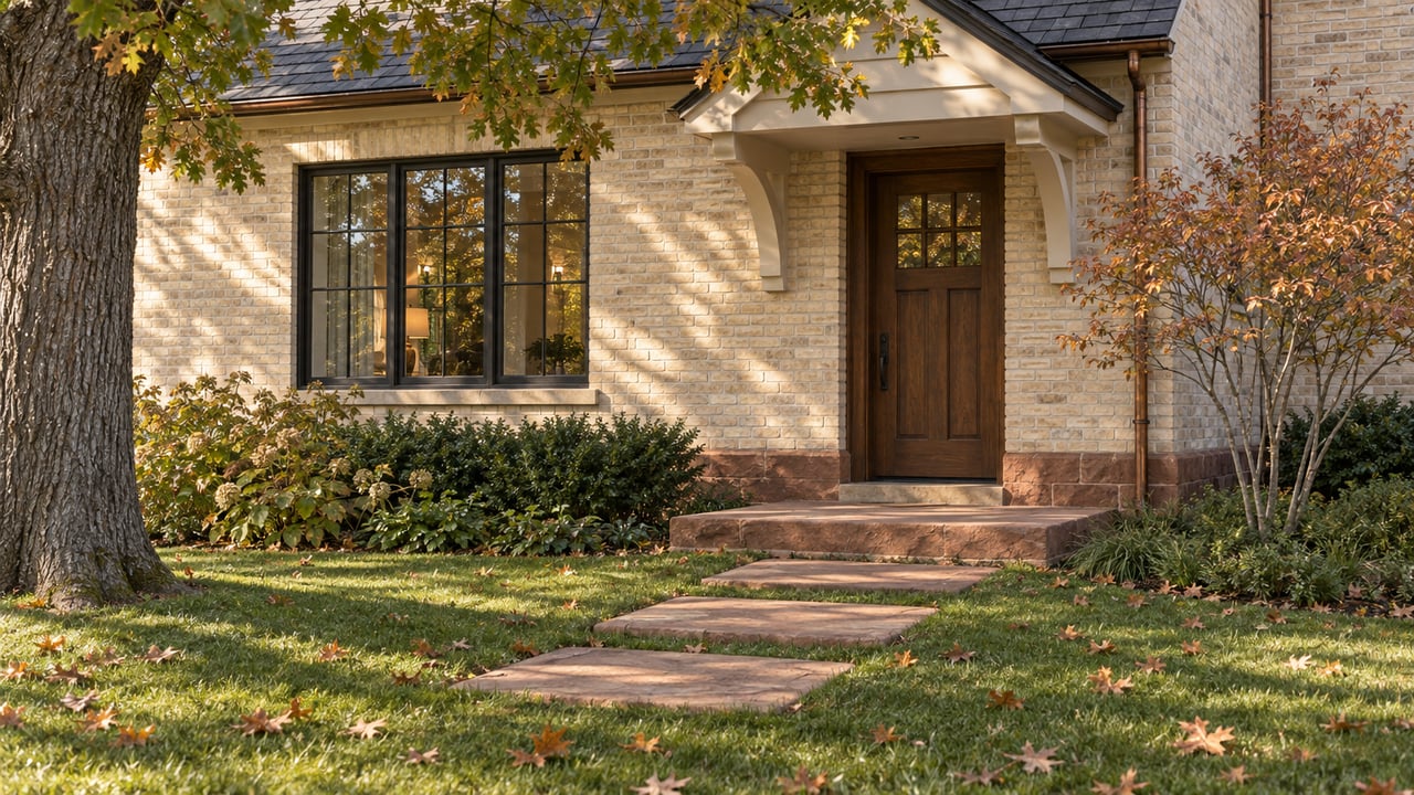 Cream brick house with a recessed oak door, sandstone steps, lawn, and an oak tree at the edge.