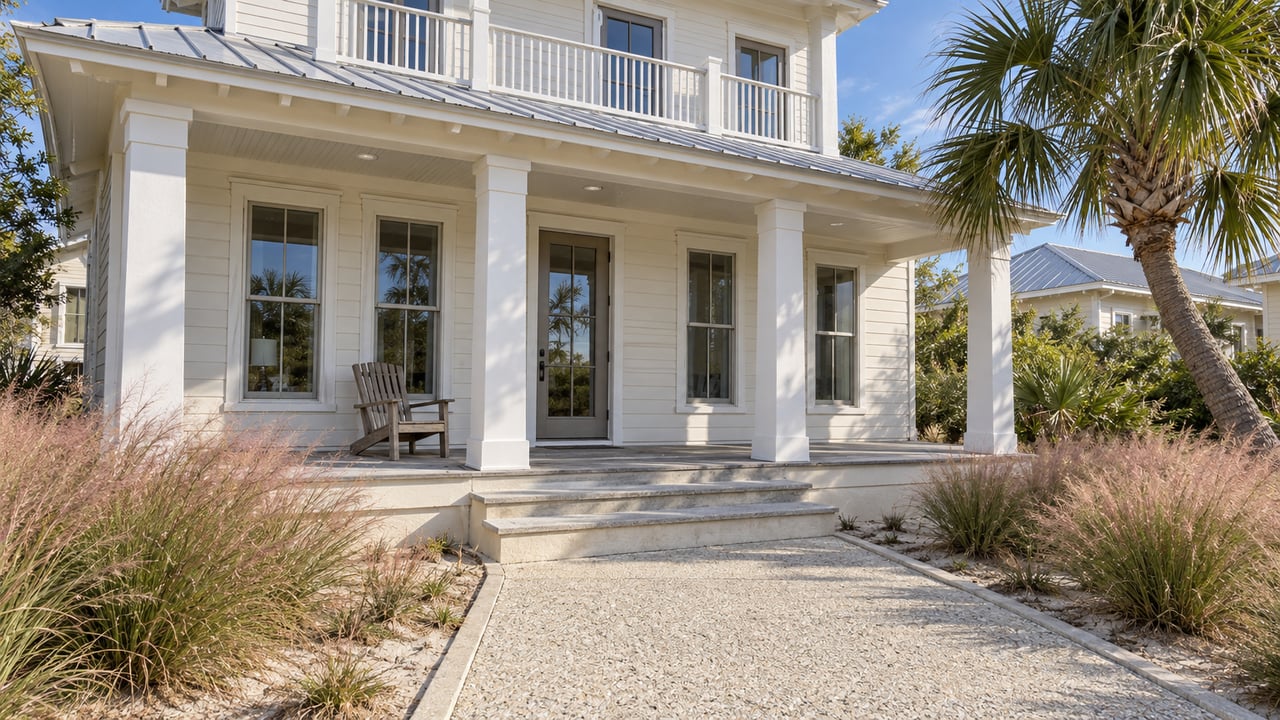 Light-sided coastal house with a broad shaded porch, pale metal roof, shell-aggregate approach, a curved cabbage palm and pink muhly grass.