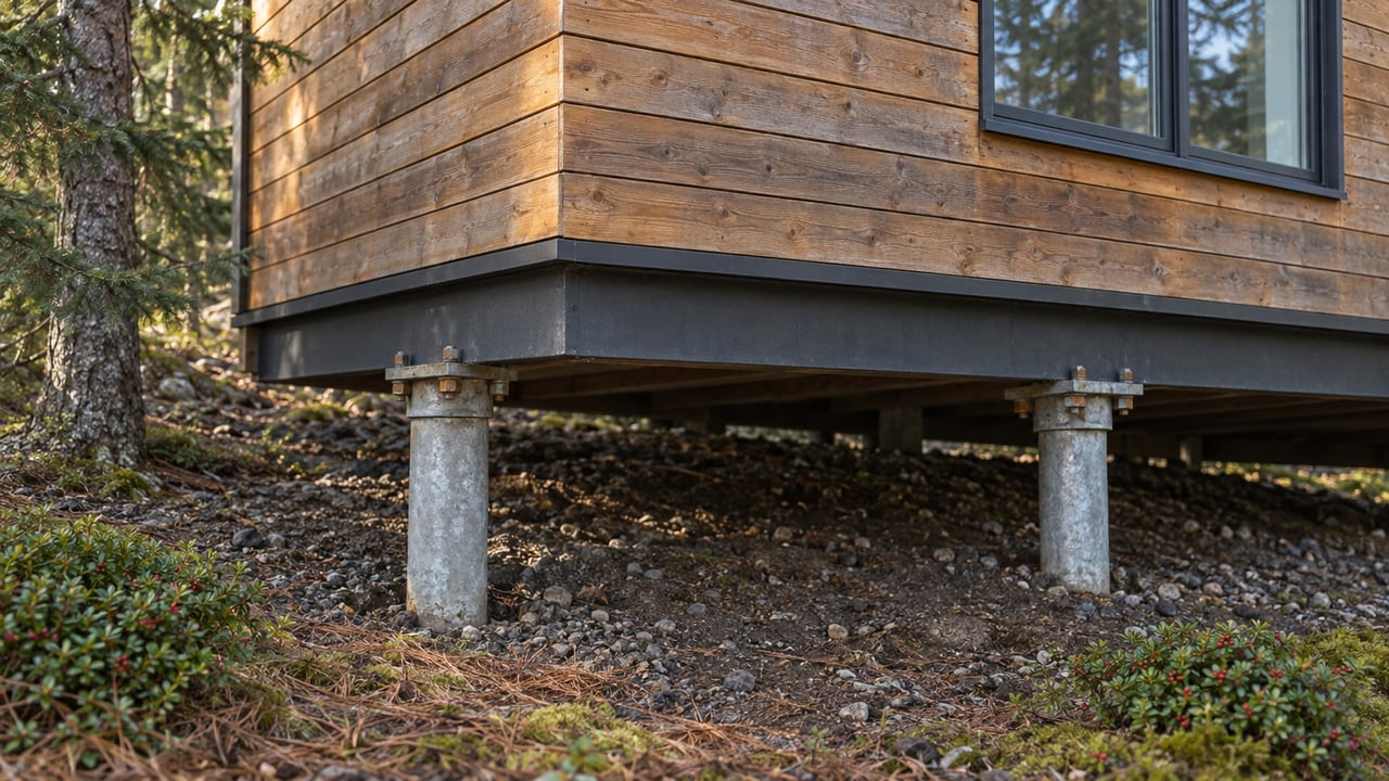 Cedar-clad house corner raised on two steel piles above mossy, gravelly ground.