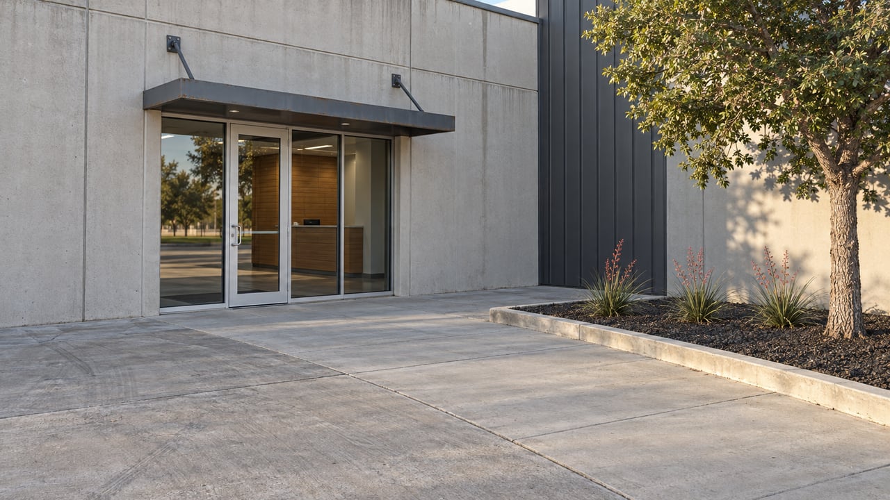 Concrete warehouse office entrance with dark metal canopy, closed glass doors, a broad concrete apron and a curbed planting bed.
