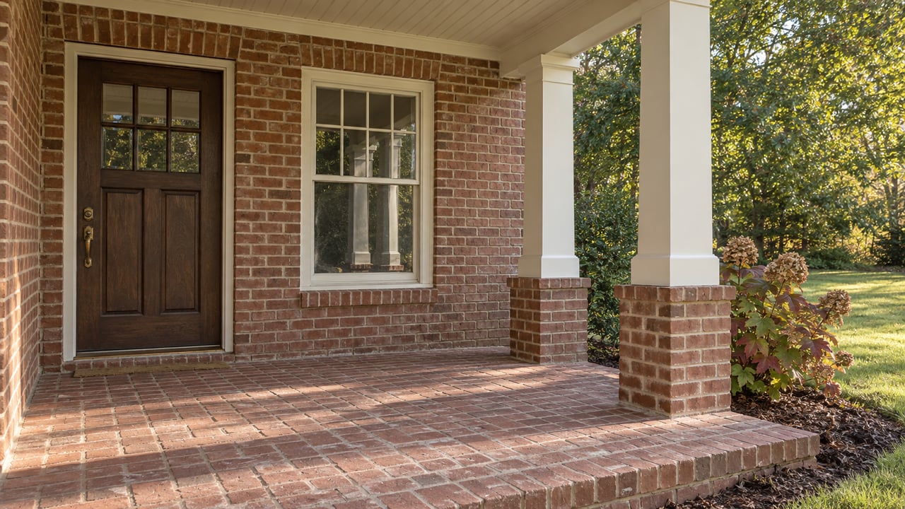 Covered brick porch with an oak front door, ivory columns and burgundy oakleaf hydrangea beside an established lawn.