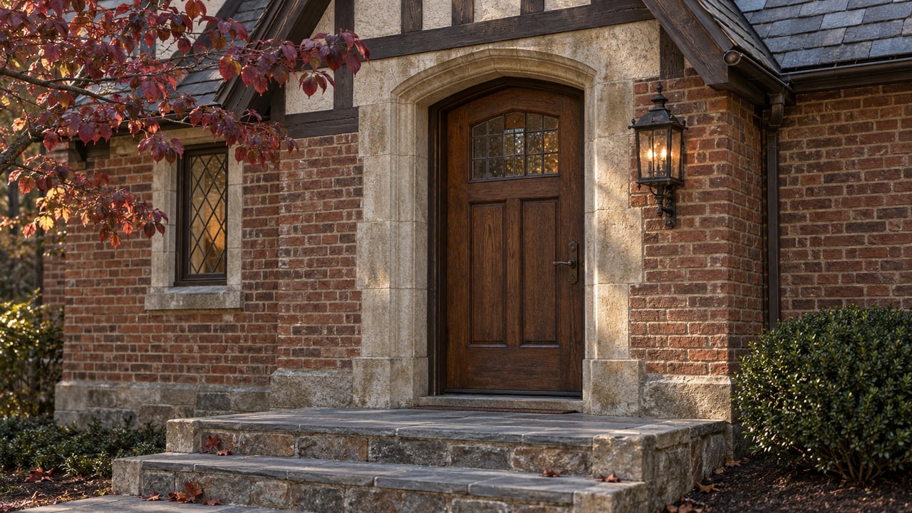 Recessed oak door beneath a Tudor gable, flanked by brick and stone, with autumn leaves and bluestone steps.