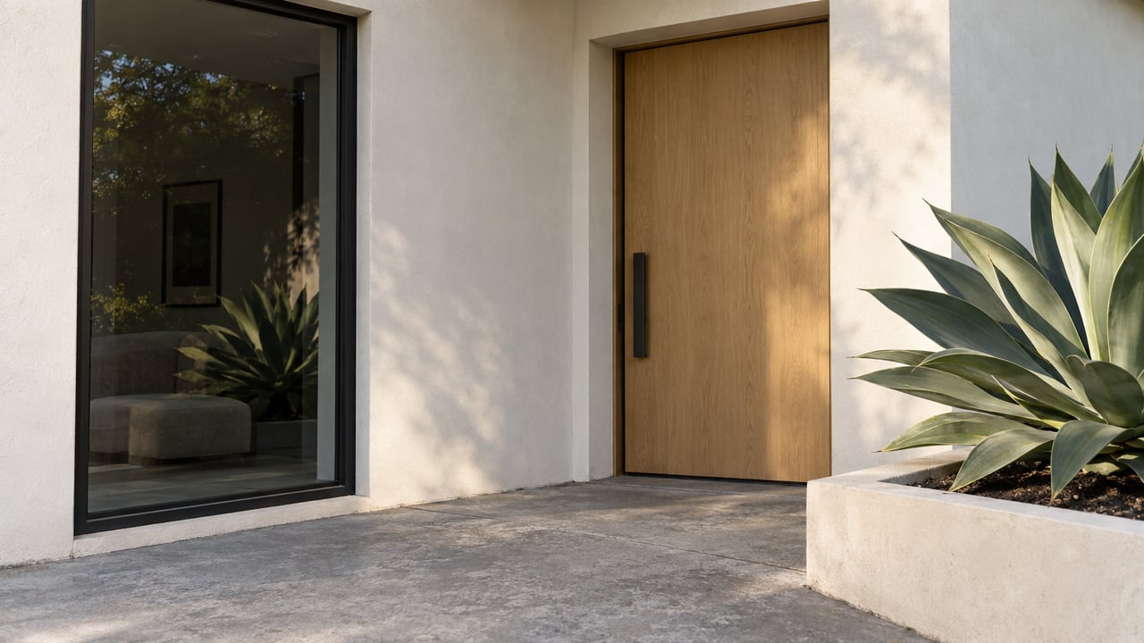 Modern home entry with a pale oak door, black-framed window, and agave in a raised planter.