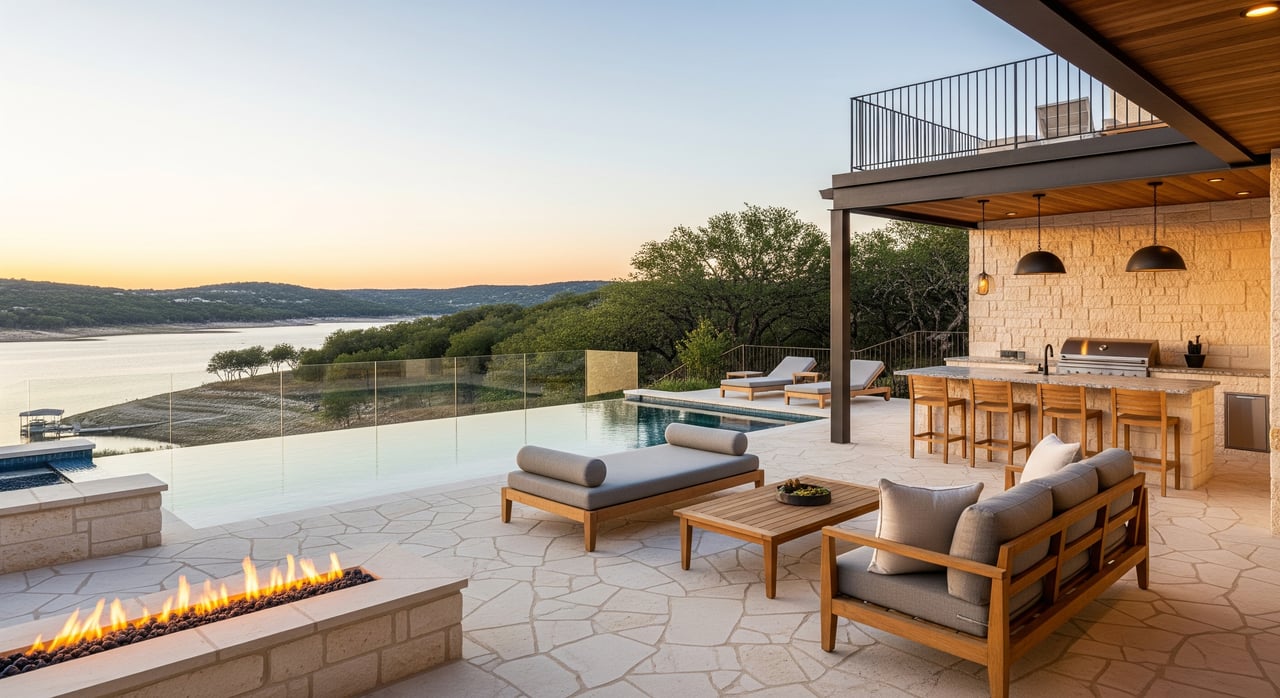 Modern lakeside patio with pool, outdoor kitchen, lounge seating, and a long built-in fire feature.