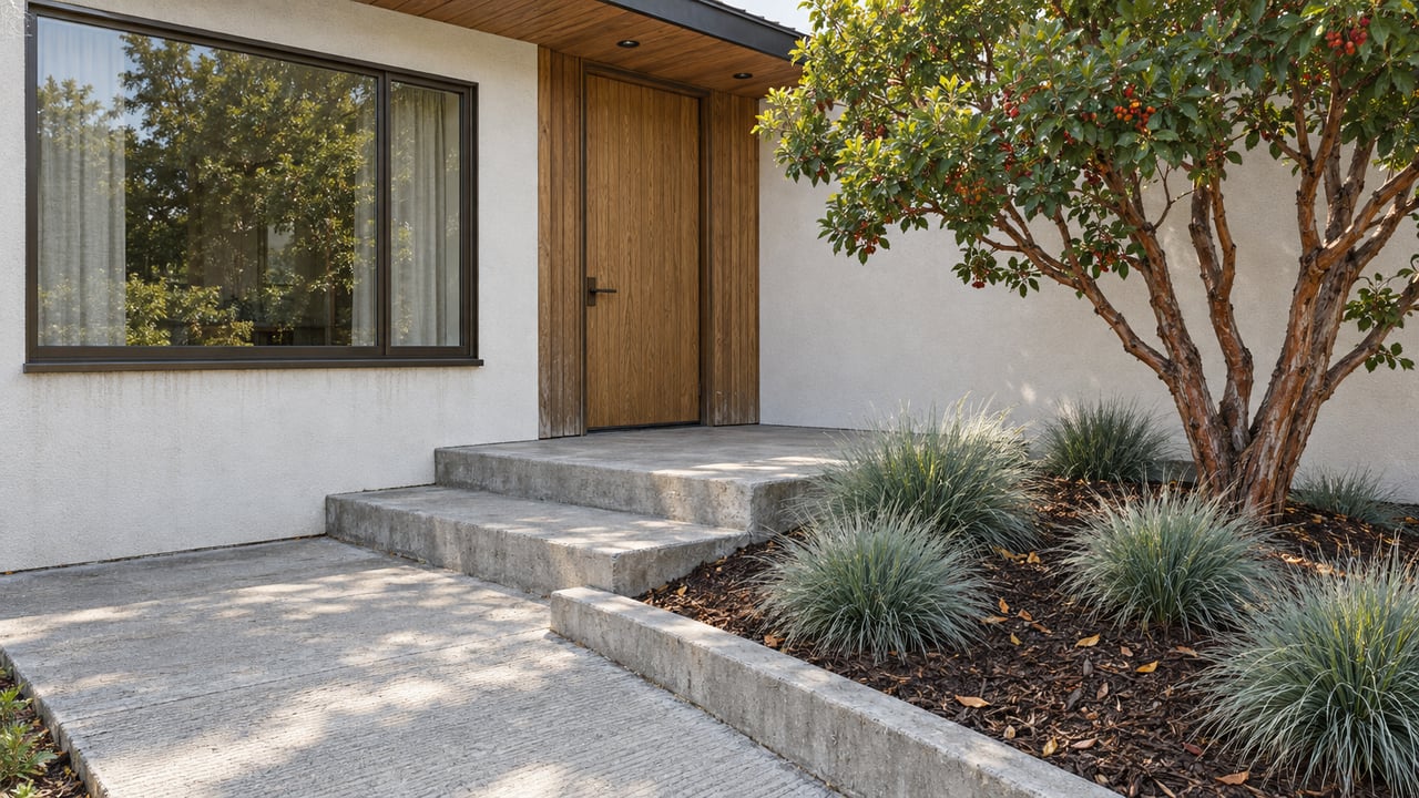 Warm white stucco home with an oak front door, bronze-framed window, concrete approach and a sculptural strawberry tree.