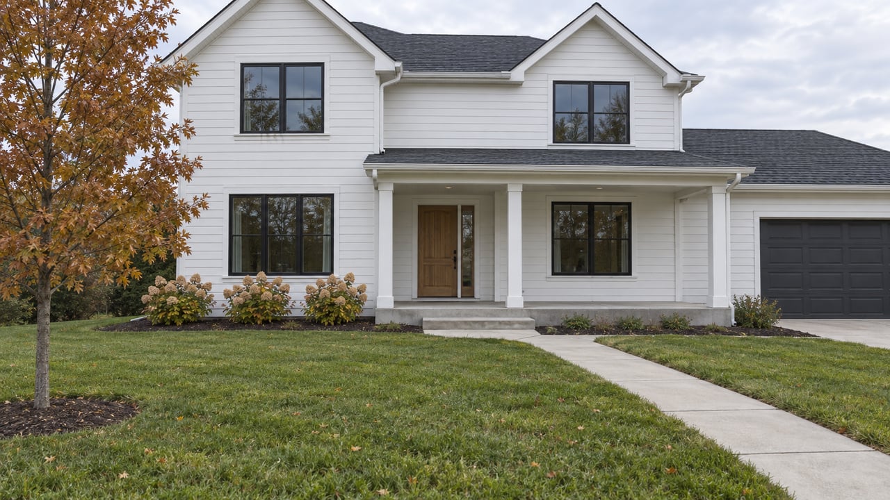 White gabled house with black-framed windows, a recessed entry porch and a broad autumn lawn crossed by a concrete walk.