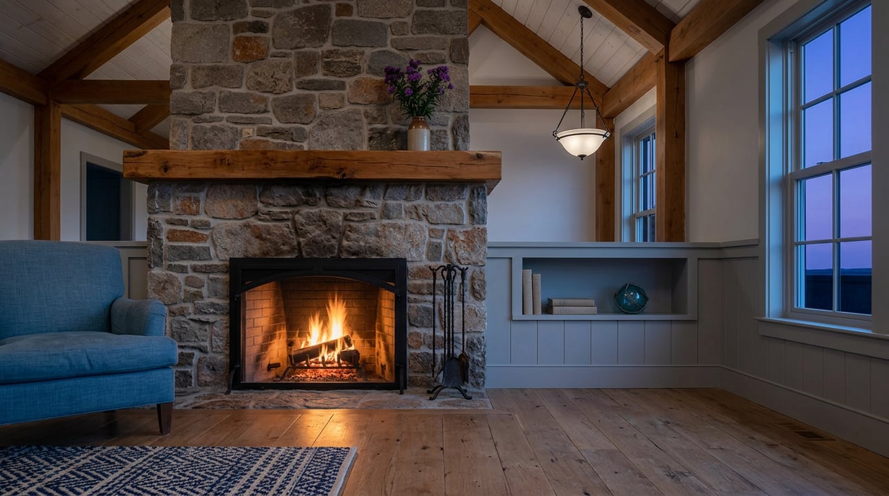 Stone fireplace with a glowing hearth, timber mantel, purple asters, and blue-linen armchairs at dusk.