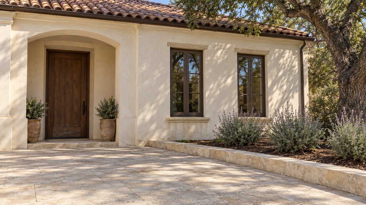 Ivory stucco home with a recessed oak entrance, bronze-framed windows and terracotta roof beside a mature oak and limestone arrival court.