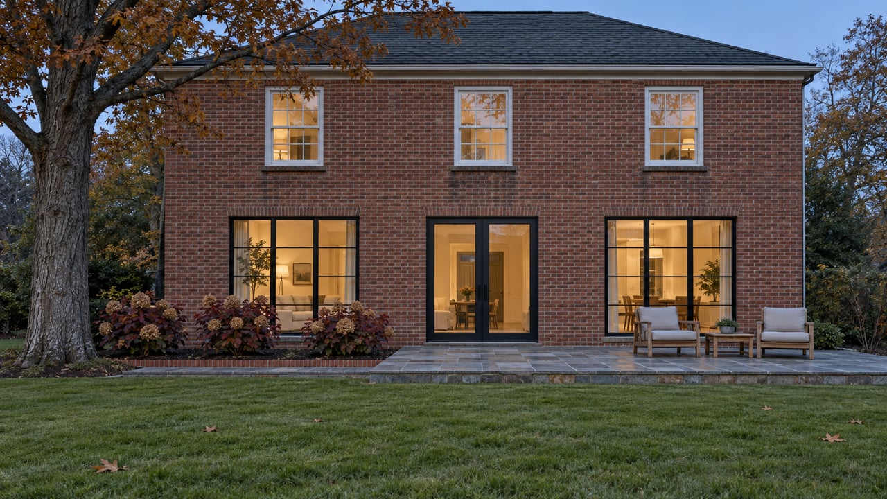 Brick home at dusk with warmly lit windows, a stone terrace, teak chairs and a generous lawn beneath a mature oak.