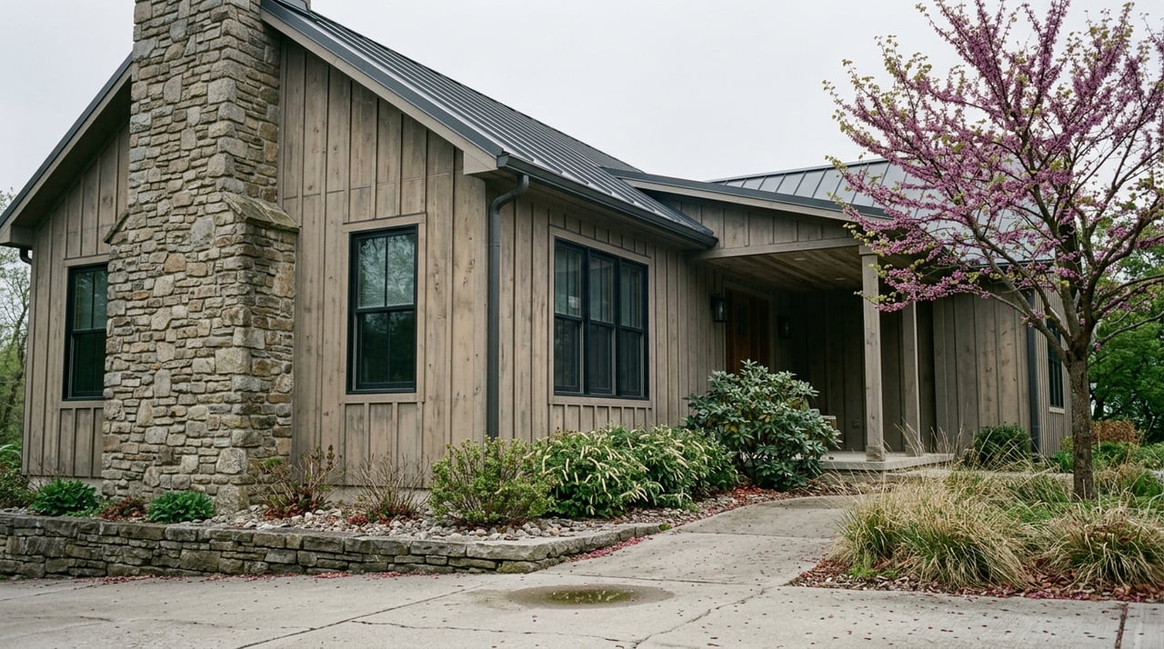 Contemporary home with gray-brown siding, metal roof, stone chimney, and a redbud tree beside the walkway.