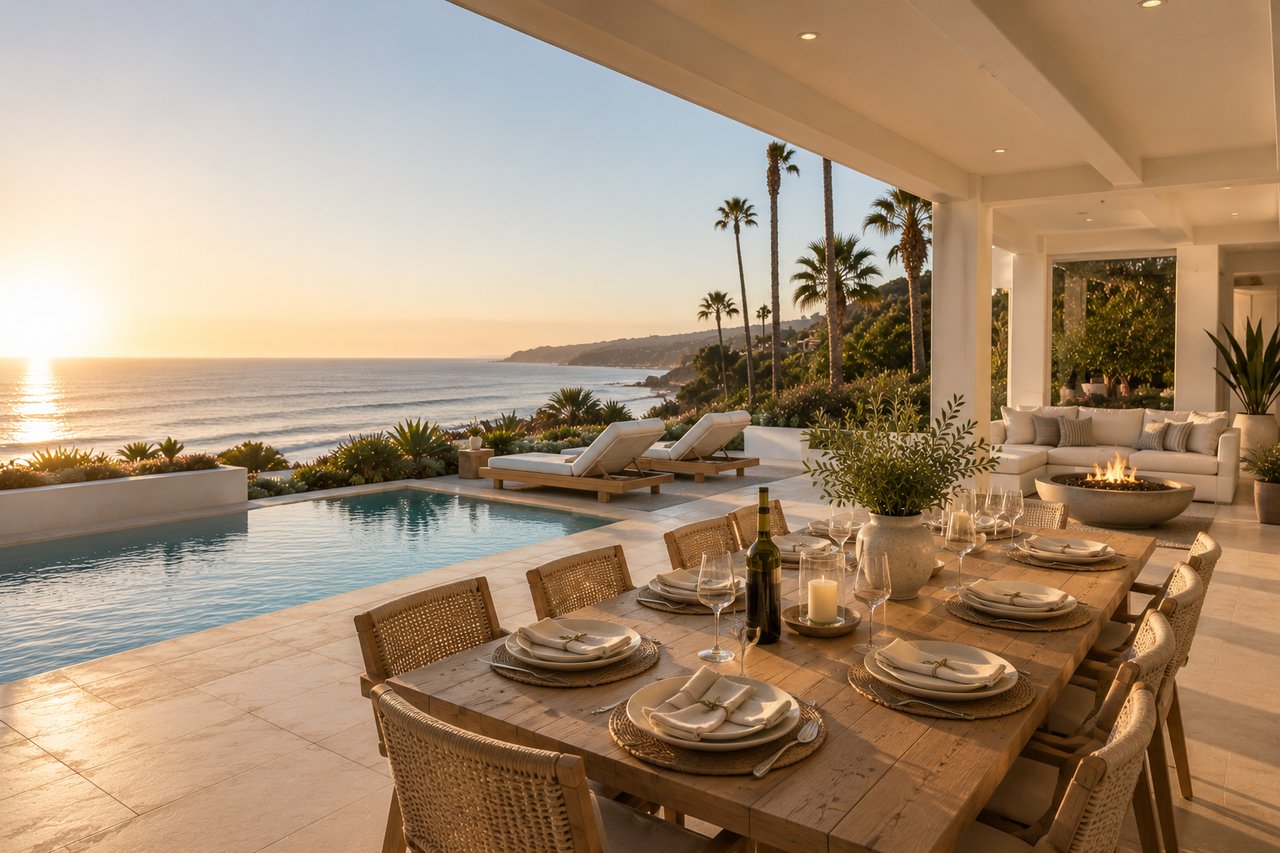 San Diego luxury patio with pool and ocean sunset view