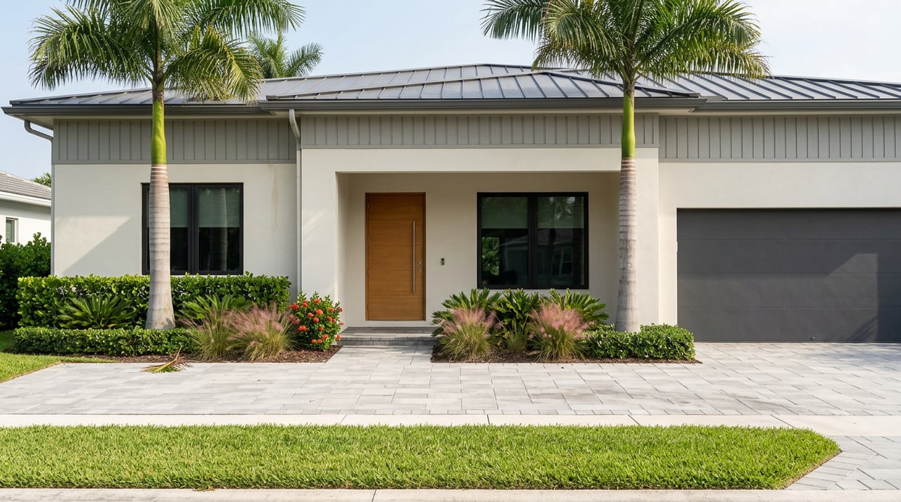 Contemporary coastal home with a teak entry door, gray shiplap, paver driveway, and paired royal palms.