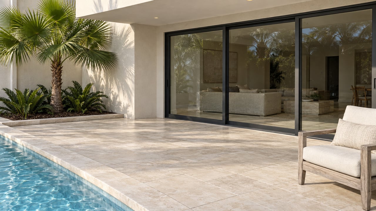 Sunlit limestone pool terrace beside an ivory stucco home with charcoal-framed glass doors, a teak chair and a specimen fan palm.