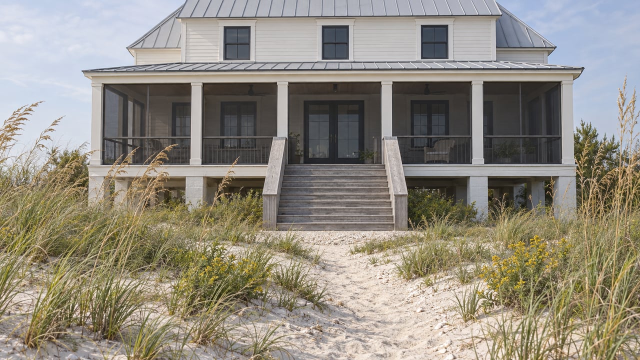 Raised cream shorefront house with screened porch, broad timber steps, and dune grasses along a sandy path.