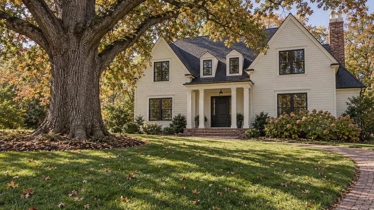 An ivory clapboard house with steep gables and black windows behind a broad lawn and a mature bur oak in early autumn.