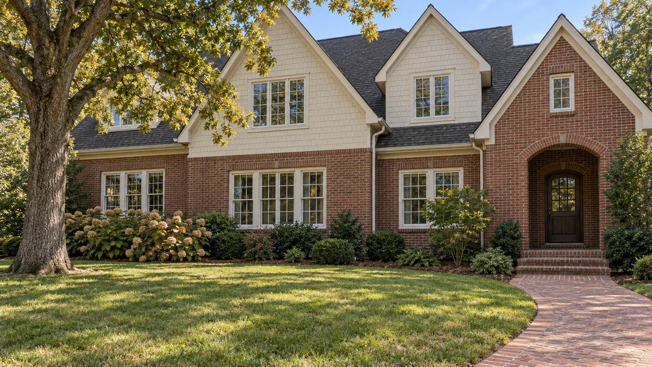 Brick and ivory-shingle home with steep gables, a deep front lawn, a curving brick walk, and a mature oak in midmorning light.