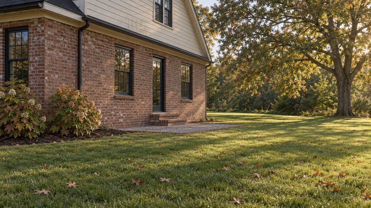 Brick-and-siding house with a shallow brick stoop beside a broad lawn and mature oak tree.