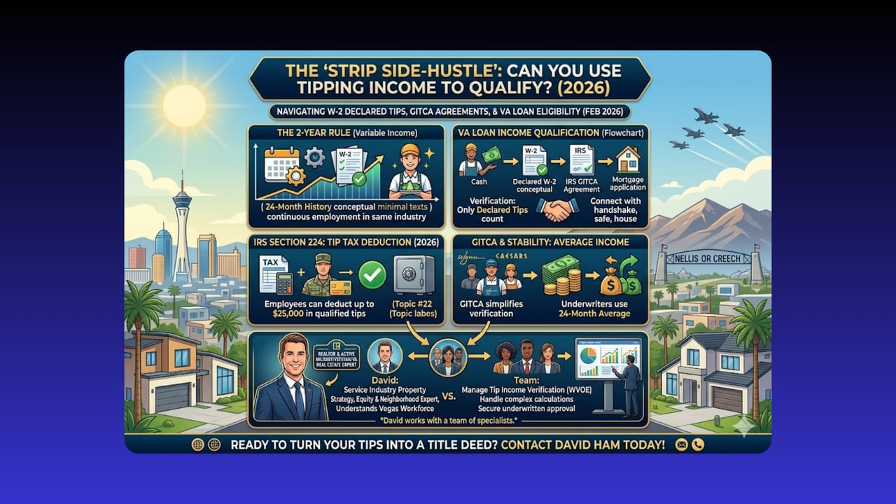 Infographic explaining how declared tip income may count toward VA loan qualification in Las Vegas.
